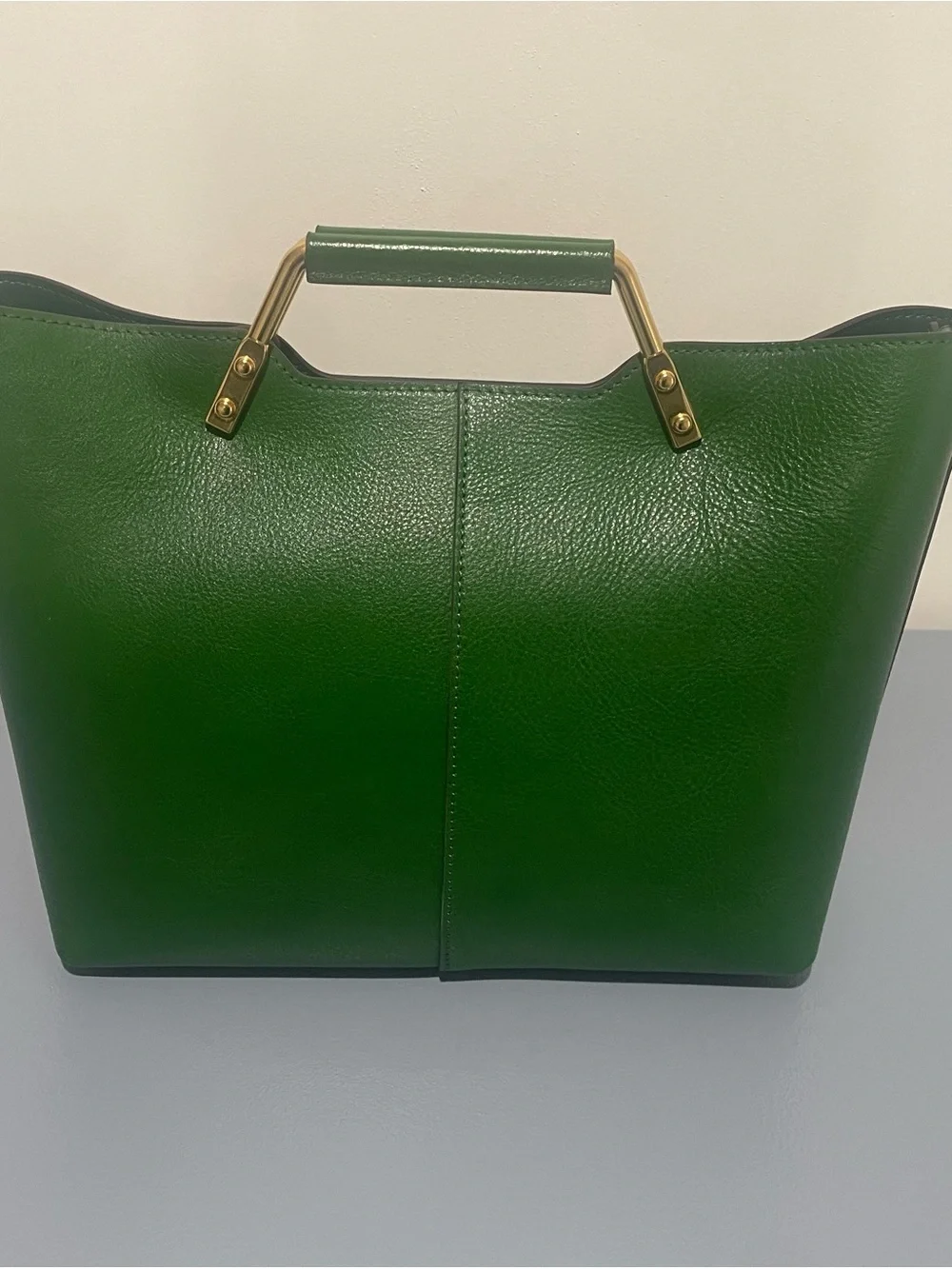 Green Leather Tote with Gold Handle and Strap
